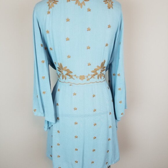 Paparazzi Blue Green Gauzy Dress with Gold Floral Embroidery Women's Size Medium - Picture 7 of 11